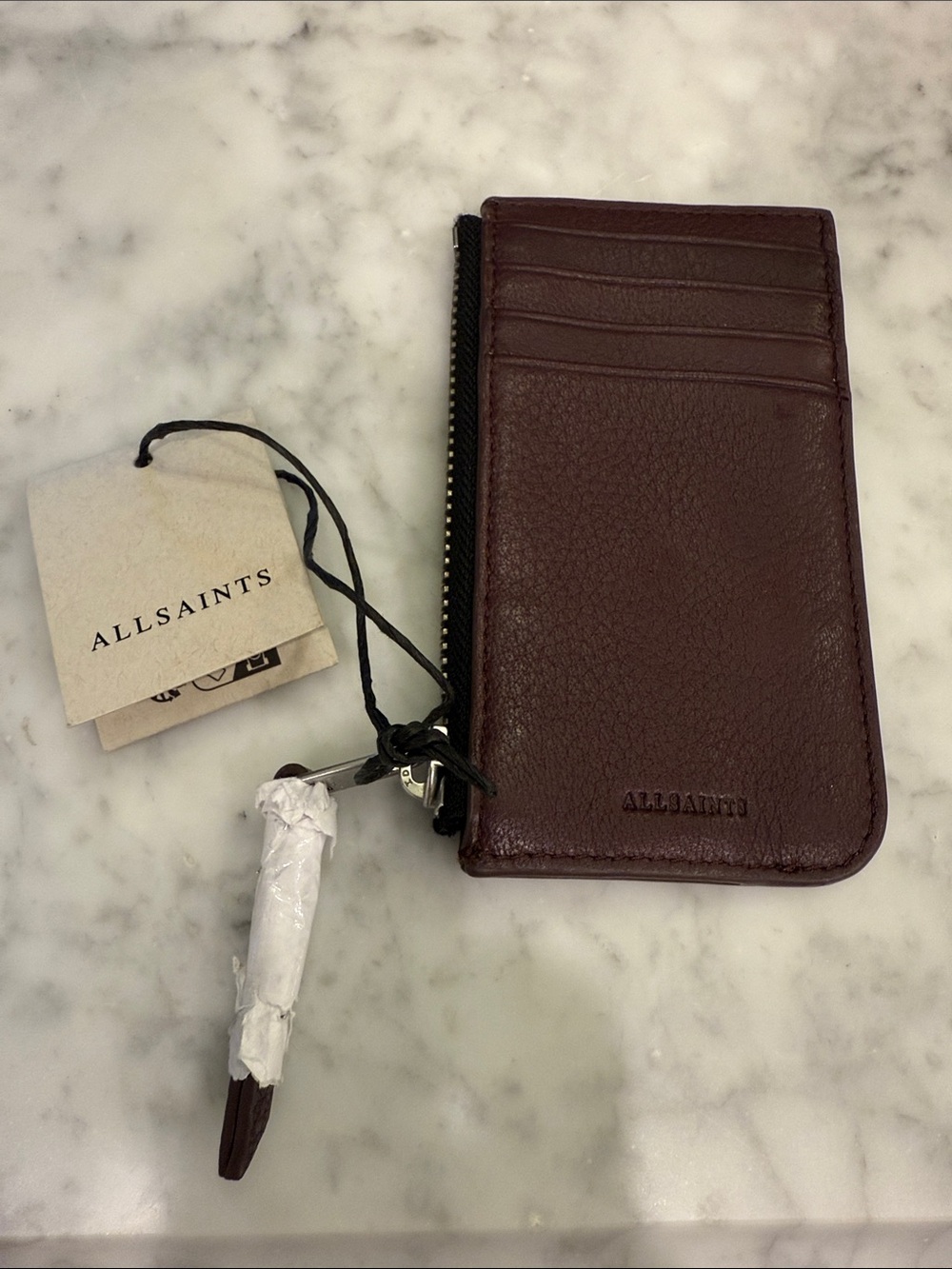 AllSaints Deep Burgundy Leather Zip Card Wallet